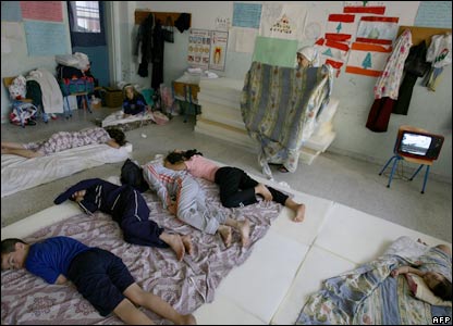 Lebanese refugees sleeping in a school